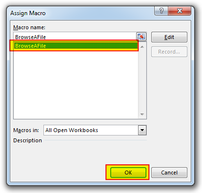 Assign Macro Dialog in Excel