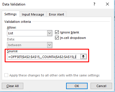 Dynamic data validation list