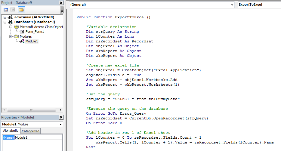 VBA Code to Export Access Recordset to Excel
