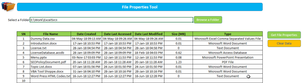 File Properties Tool Excel