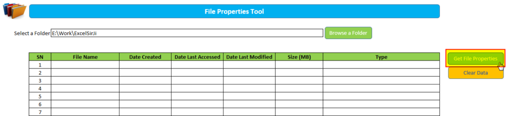 Get File Properties from a folder Excel VBA