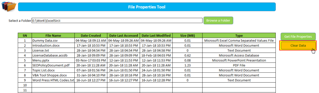 Get File Properties from a folder Excel VBA