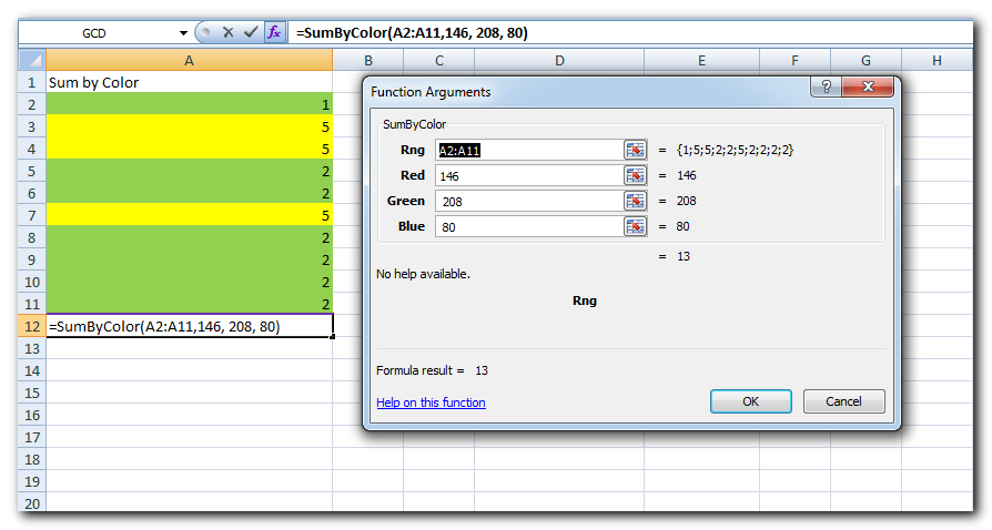 Excel Formula to Sum by Colors