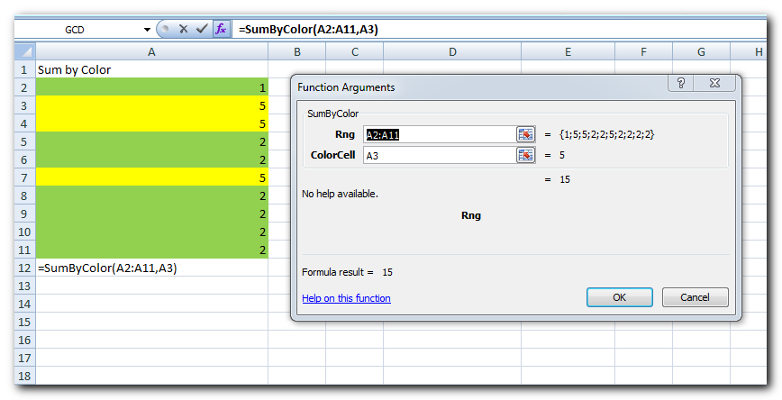 Excel Formula to Sum by Colors