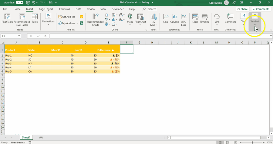 How to insert symbol in excel