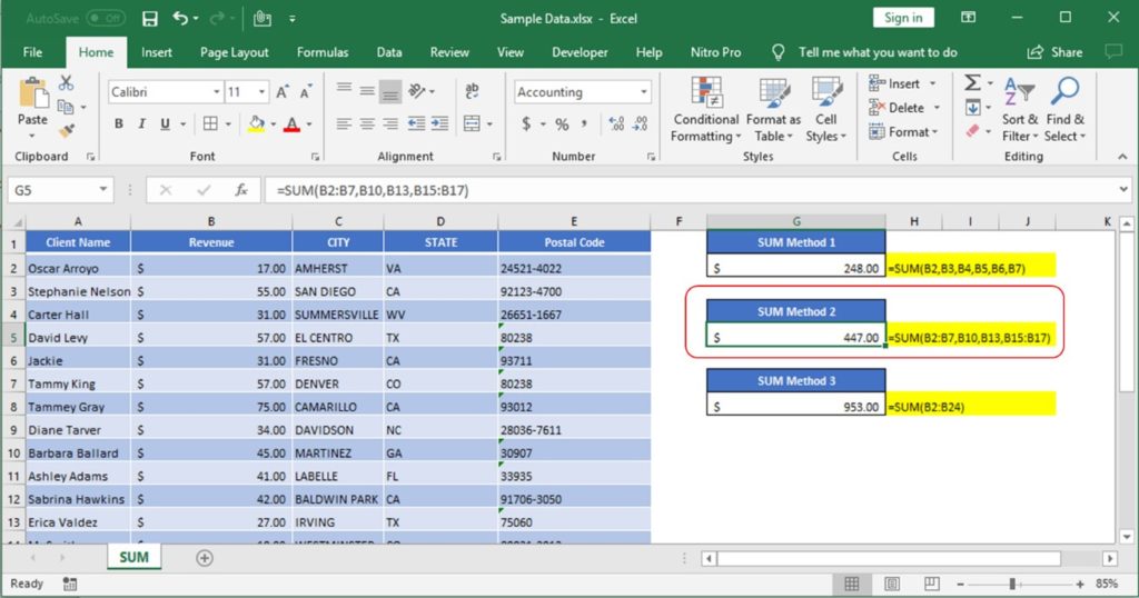 Sum Function Excel Range