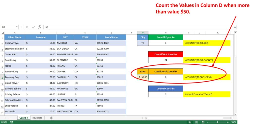 Count values in Excel When More than or Less than