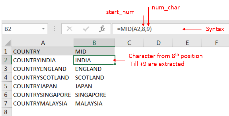 Excel function MID