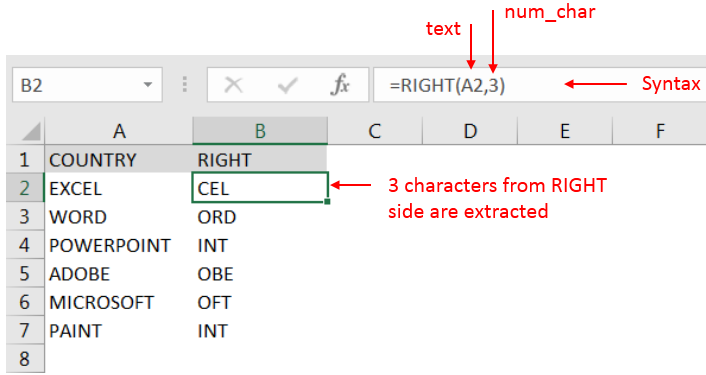 Excel Function RIGHT