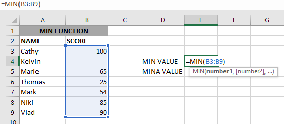 Excel MIN function