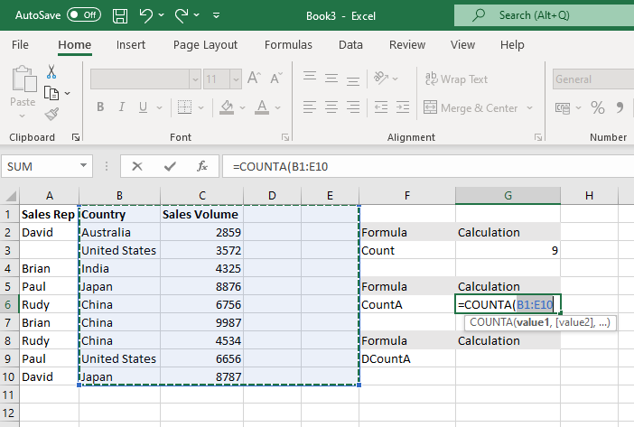 Excel function COUNTA