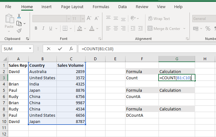 EXCEL FUNCTION COUNTA