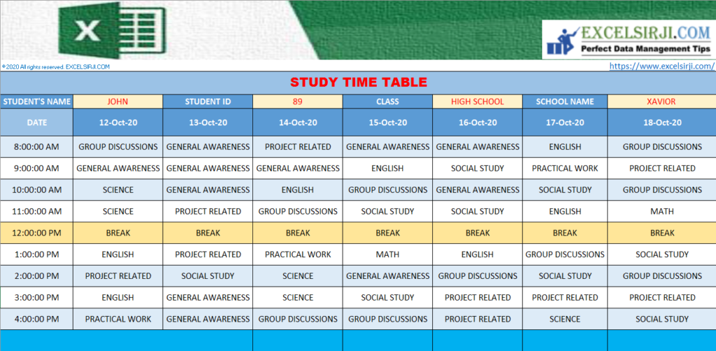 STUDY TIMETABLE