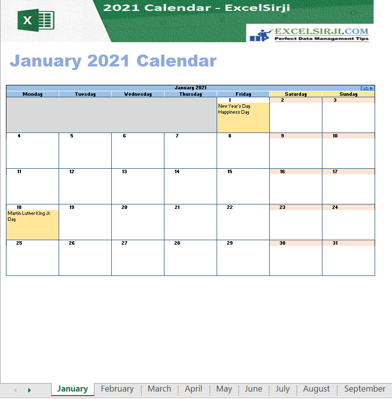 2021 Excel Calendar with Holidays
