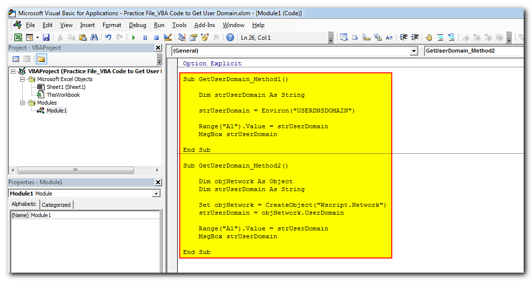 VBA Code to Get User Domain Name