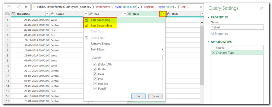 Sort Data in Power Query in Excel