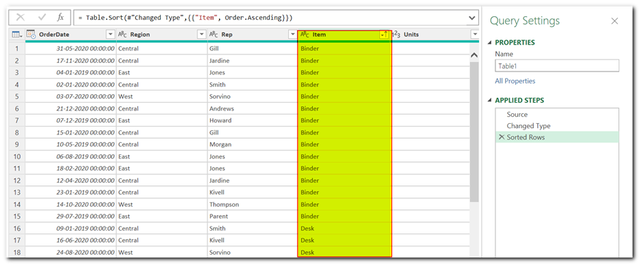 Sort Data in Power Query in Excel