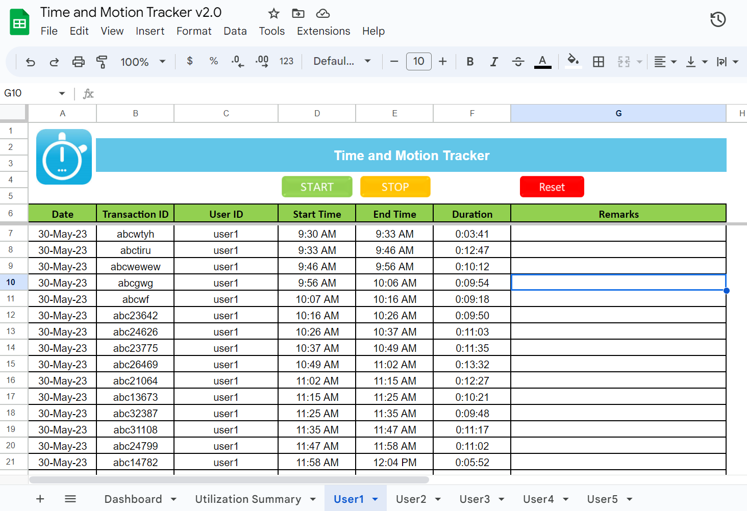 Google Sheet Time and Motion Template