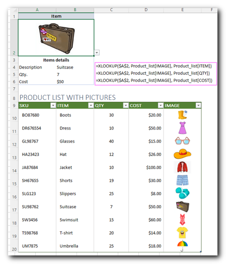Excel IMAGE function - quick way to insert picture in cell with formula 10 will automatically show its name, quantity, and cost