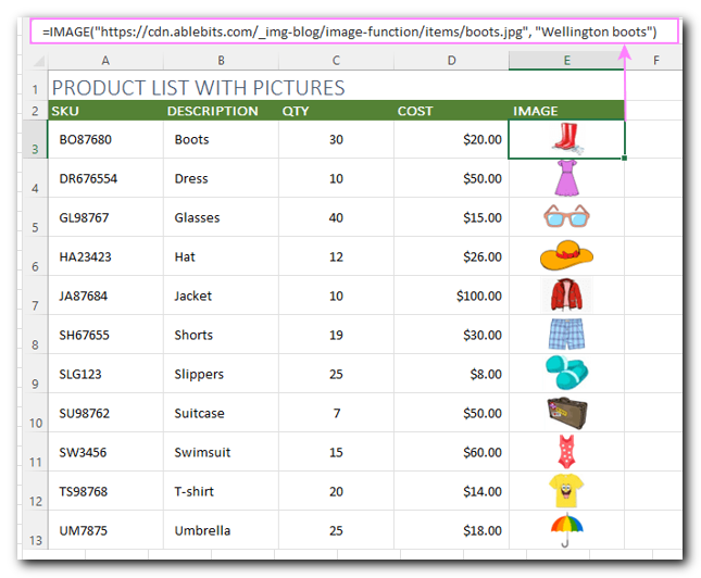 Excel IMAGE function - quick way to insert picture in cell with formula 4 How to make a product list with pictures in Excel