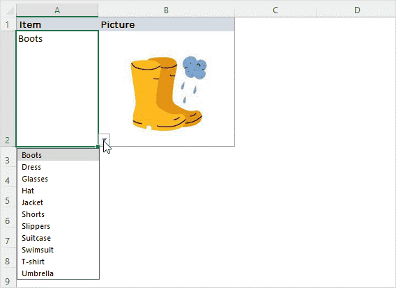 Excel IMAGE function - quick way to insert picture in cell with formula 8 dropdown list with related pictures in action