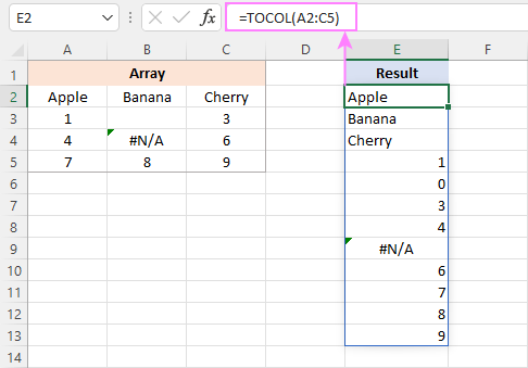Excel TOCOL function - convert range to single column