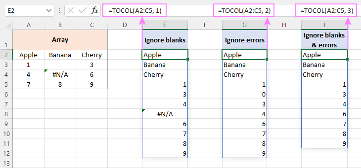Excel TOCOL function - convert range to single column