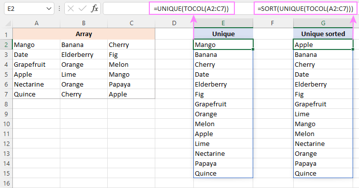 Extract unique values from a multi-column range