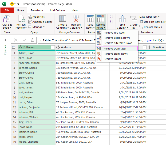 How to use Power Query in Excel – practical examples 2 Remove duplicate rows