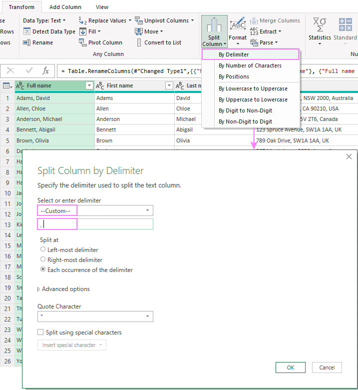 How to use Power Query in Excel – practical examples 8 Split column