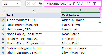 Excel TEXTBEFORE function - extract text before character (delimiter) 7 Get text before multiple delimiters