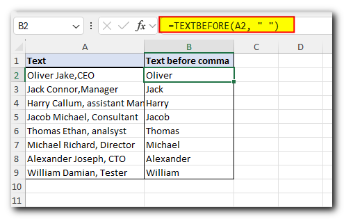 Excel TEXTBEFORE function - extract text before character (delimiter) 2 Extract text before first space in Excel